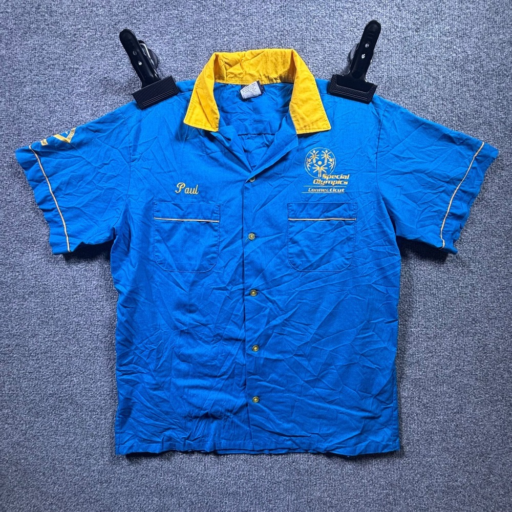 Vintage Hilton Bowling Shirt Men Large Blue Graphic Special Olympics Connecticut